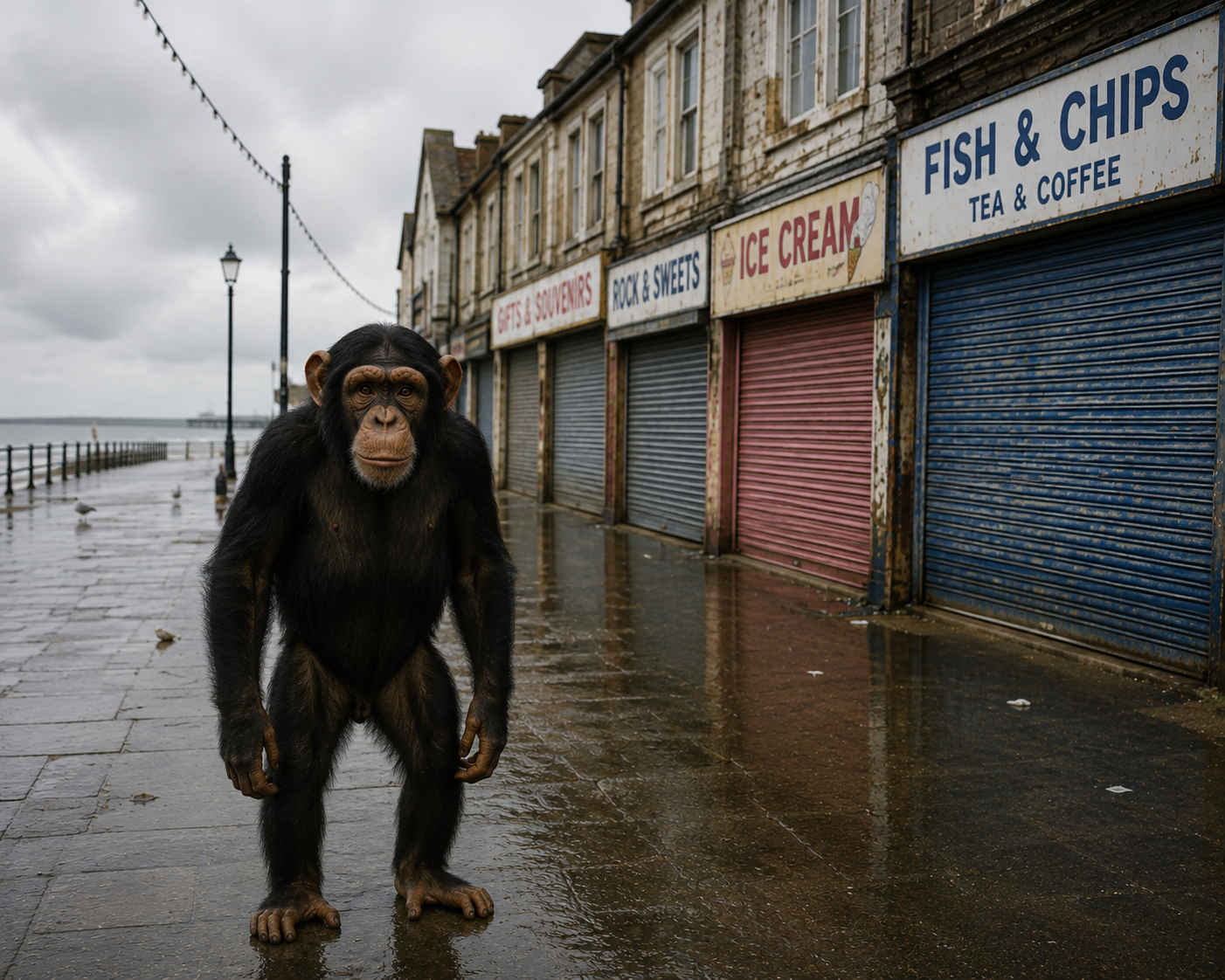 A chimp enjoying the seafront.
